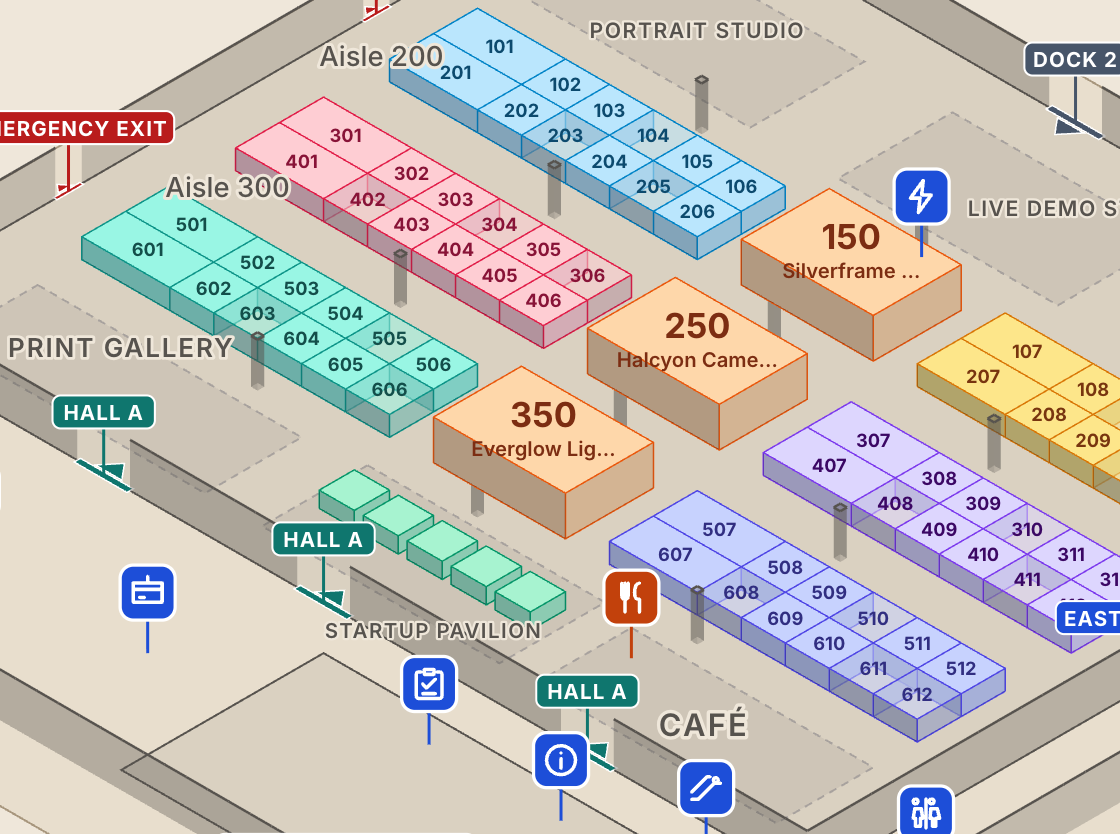 The Folio35 exhibit hall in Accordo’s 3D floorplan view, with booths colored by pavilion and Silverframe Imaging’s island at booth 150